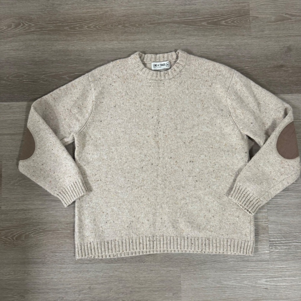 Line‎ of Trade Sweater Mens 2XL Beige Wool Blend Elbow Patch Crewneck Pullover